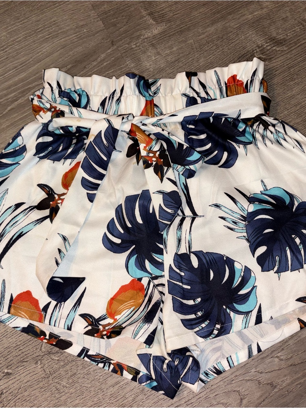 SHEIN White High Waist Tropical Paperbag Shorts with Navy & Teal Leaves
